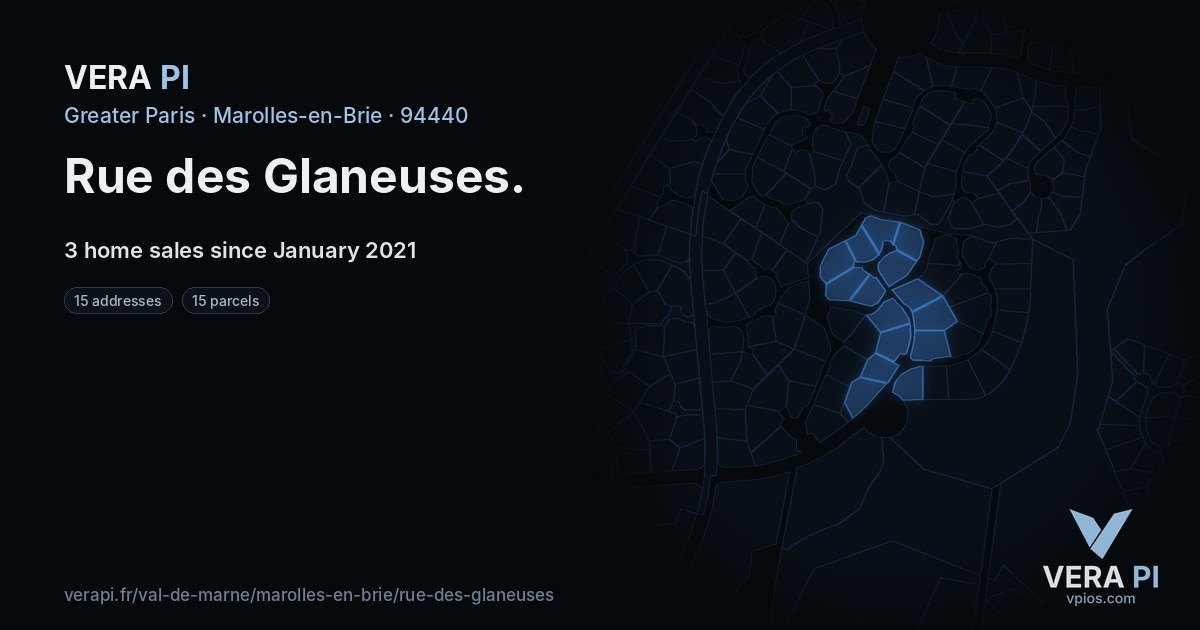 Rue des Glaneuses, Marolles-en-Brie at night – every parcel coloured by the prices around it, the street's own parcels lit