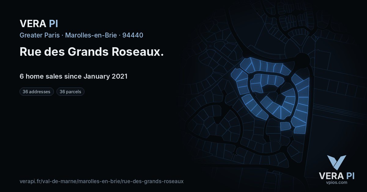 Rue des Grands Roseaux, Marolles-en-Brie at night – every parcel coloured by the prices around it, the street's own parcels lit