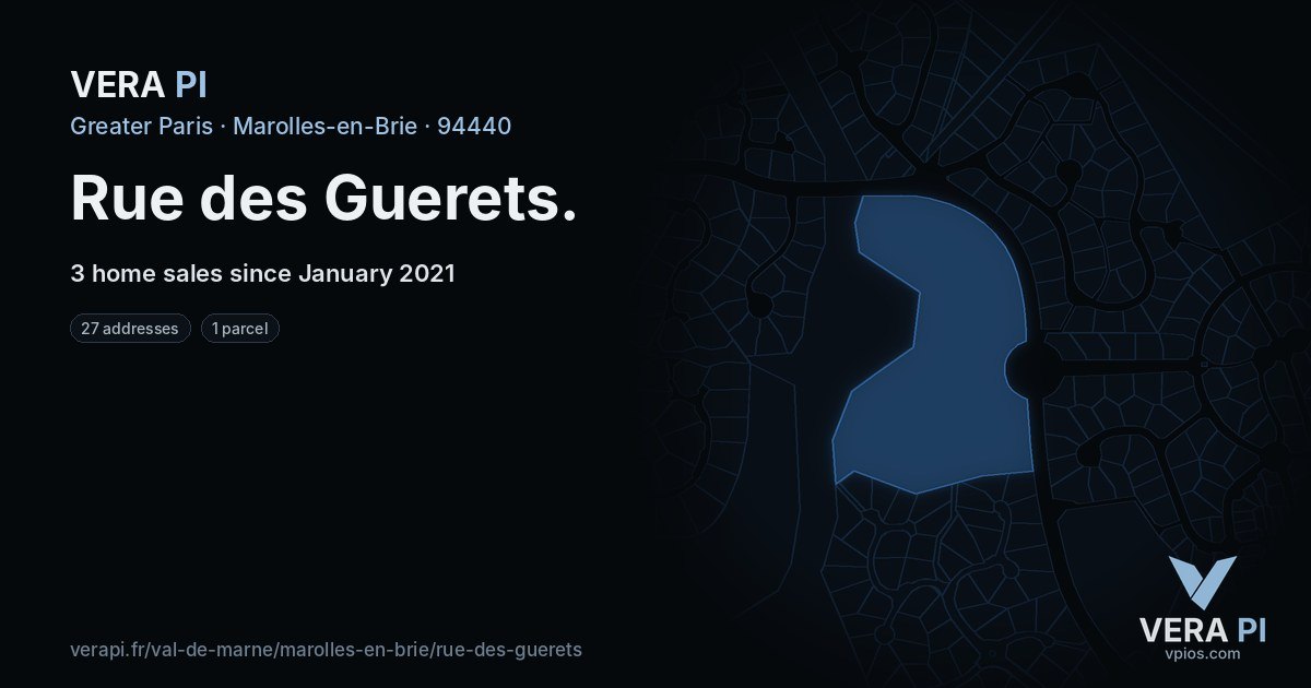 Rue des Guerets, Marolles-en-Brie at night – every parcel coloured by the prices around it, the street's own parcels lit