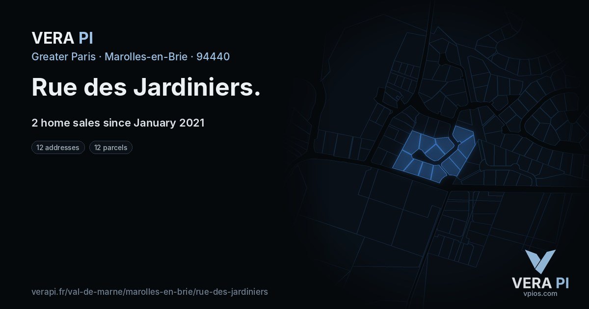 Rue des Jardiniers, Marolles-en-Brie at night – every parcel coloured by the prices around it, the street's own parcels lit