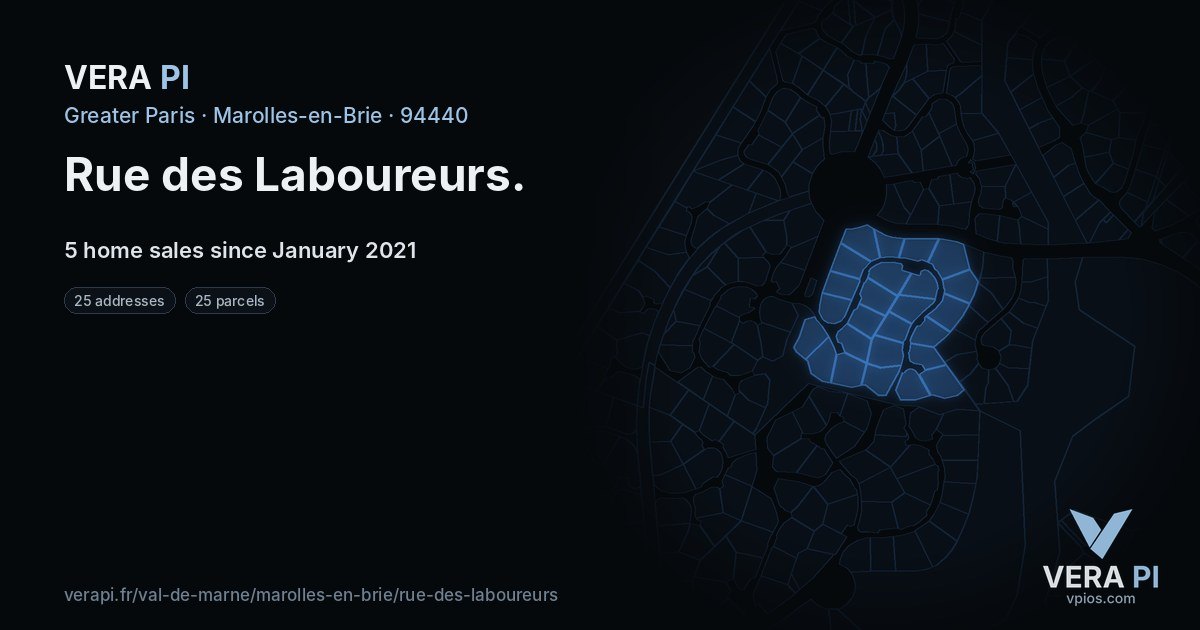 Rue des Laboureurs, Marolles-en-Brie at night – every parcel coloured by the prices around it, the street's own parcels lit