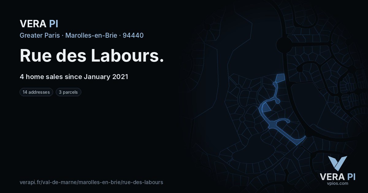Rue des Labours, Marolles-en-Brie at night – every parcel coloured by the prices around it, the street's own parcels lit