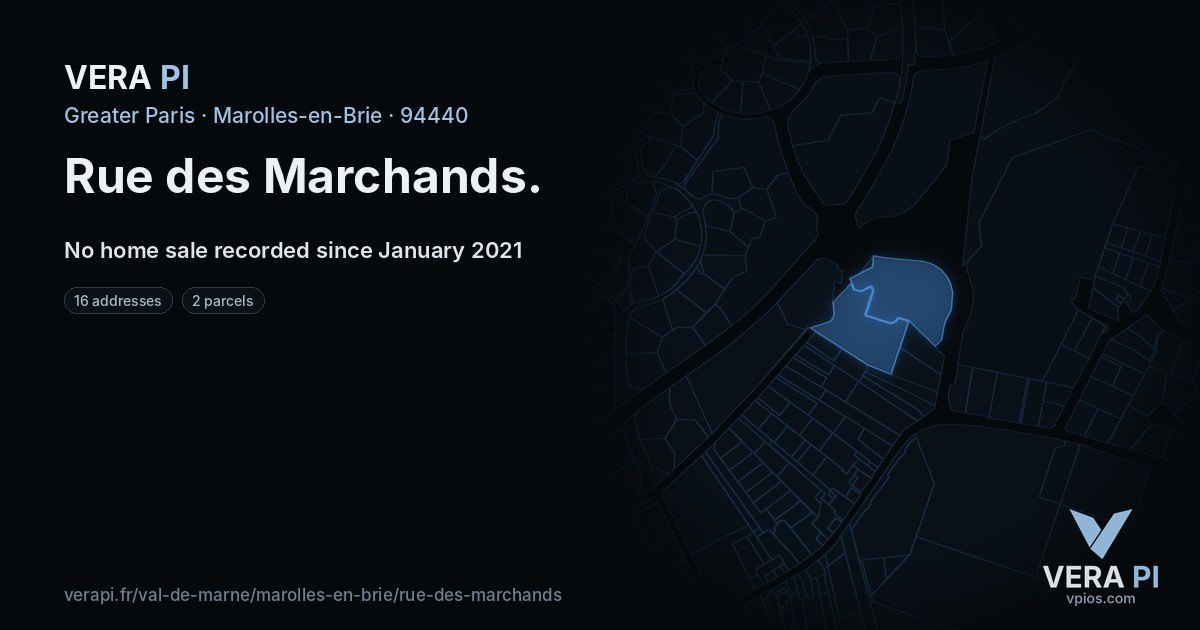 Rue des Marchands, Marolles-en-Brie at night – every parcel coloured by the prices around it, the street's own parcels lit