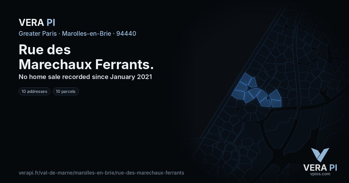 Rue des Marechaux Ferrants, Marolles-en-Brie at night – every parcel coloured by the prices around it, the street's own parcels lit