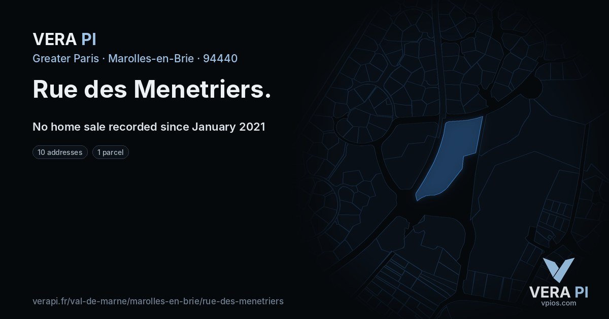 Rue des Menetriers, Marolles-en-Brie at night – every parcel coloured by the prices around it, the street's own parcels lit
