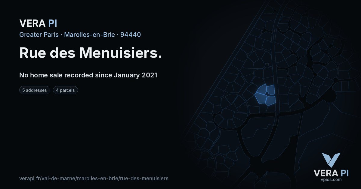 Rue des Menuisiers, Marolles-en-Brie at night – every parcel coloured by the prices around it, the street's own parcels lit