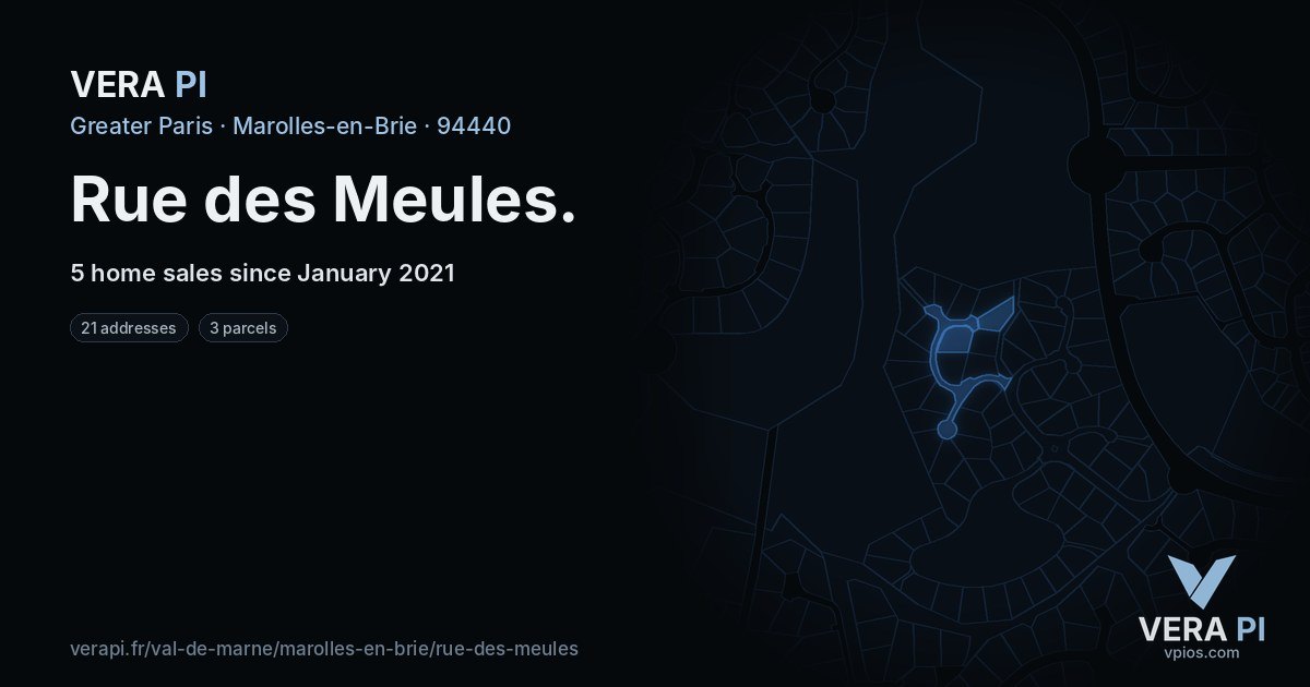 Rue des Meules, Marolles-en-Brie at night – every parcel coloured by the prices around it, the street's own parcels lit