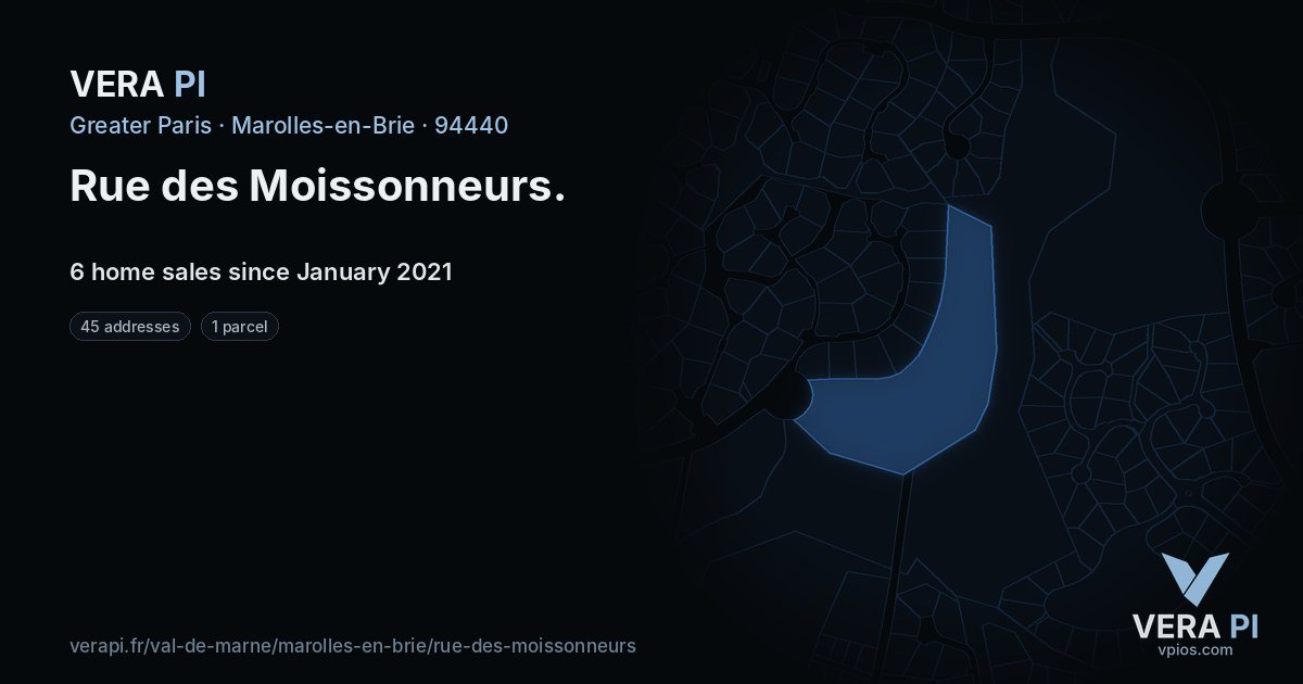 Rue des Moissonneurs, Marolles-en-Brie at night – every parcel coloured by the prices around it, the street's own parcels lit