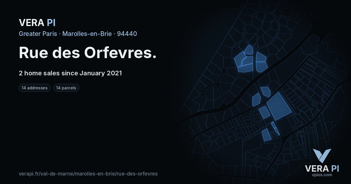 Rue des Orfevres, Marolles-en-Brie at night – every parcel coloured by the prices around it, the street's own parcels lit