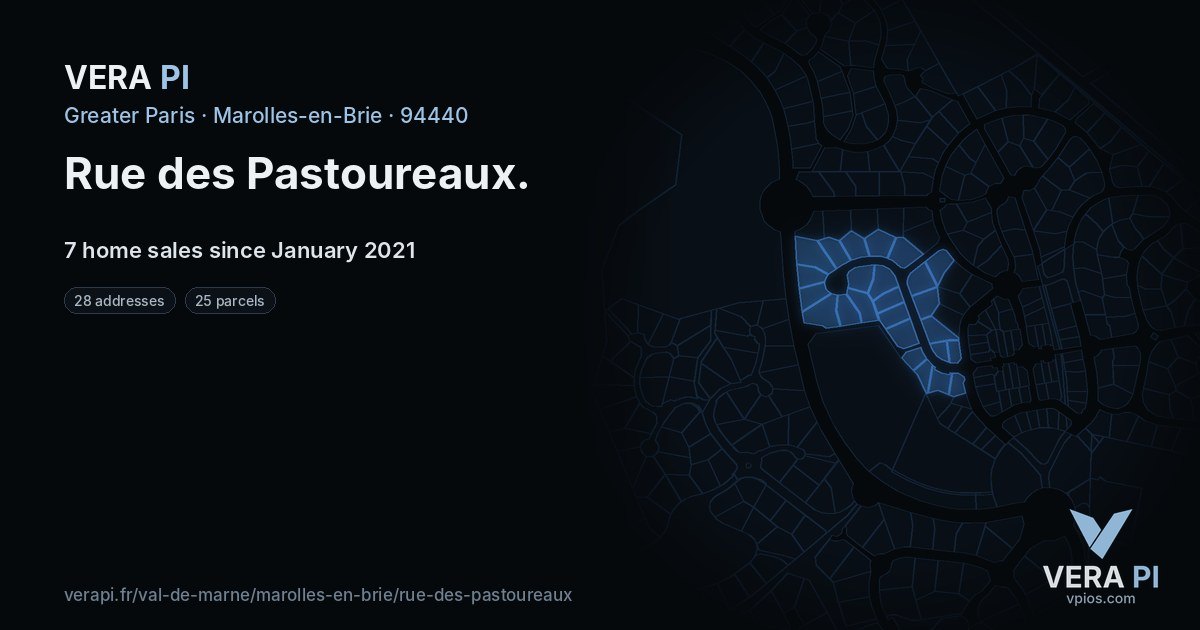 Rue des Pastoureaux, Marolles-en-Brie at night – every parcel coloured by the prices around it, the street's own parcels lit