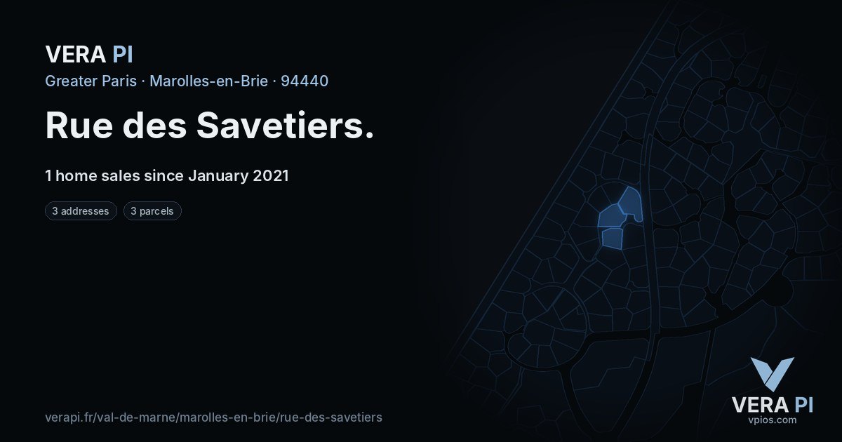 Rue des Savetiers, Marolles-en-Brie at night – every parcel coloured by the prices around it, the street's own parcels lit