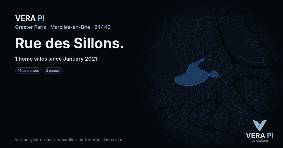 Rue des Sillons, Marolles-en-Brie at night – every parcel coloured by the prices around it, the street's own parcels lit