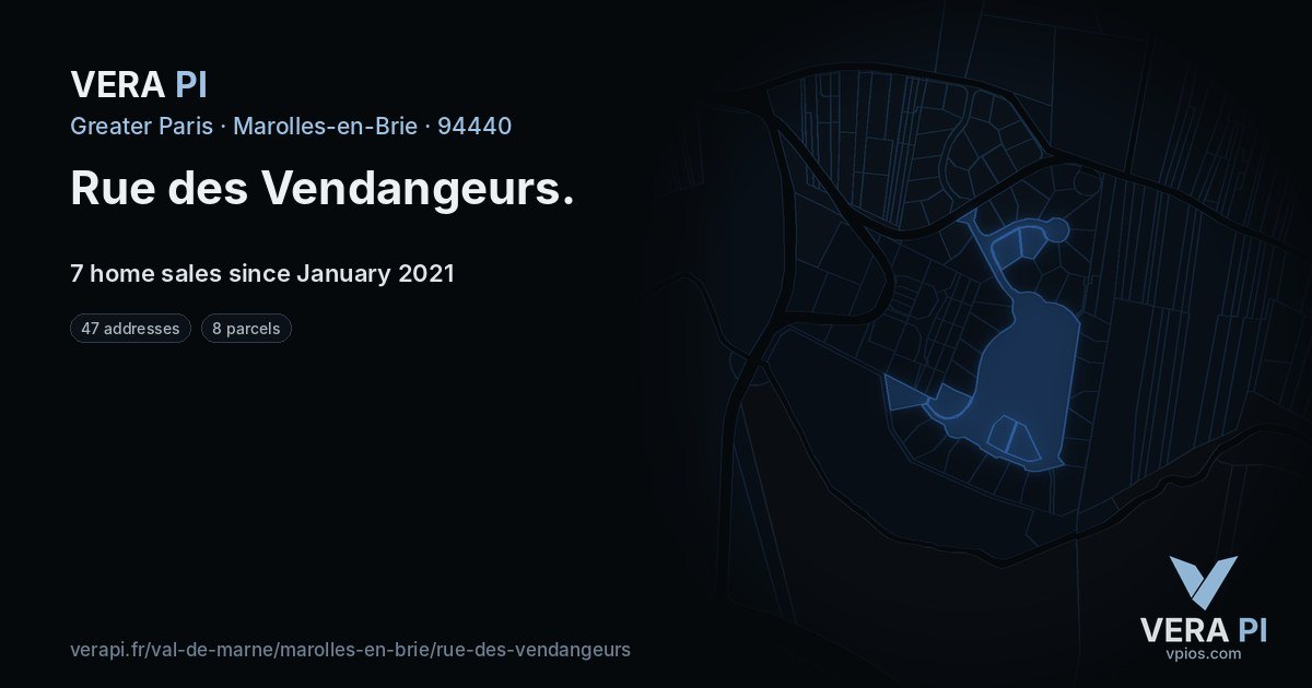 Rue des Vendangeurs, Marolles-en-Brie at night – every parcel coloured by the prices around it, the street's own parcels lit
