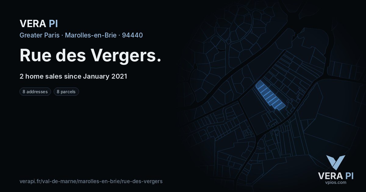 Rue des Vergers, Marolles-en-Brie at night – every parcel coloured by the prices around it, the street's own parcels lit