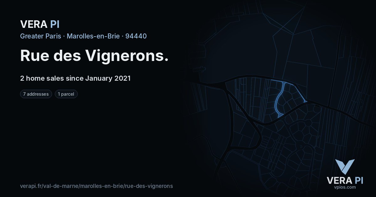 Rue des Vignerons, Marolles-en-Brie at night – every parcel coloured by the prices around it, the street's own parcels lit