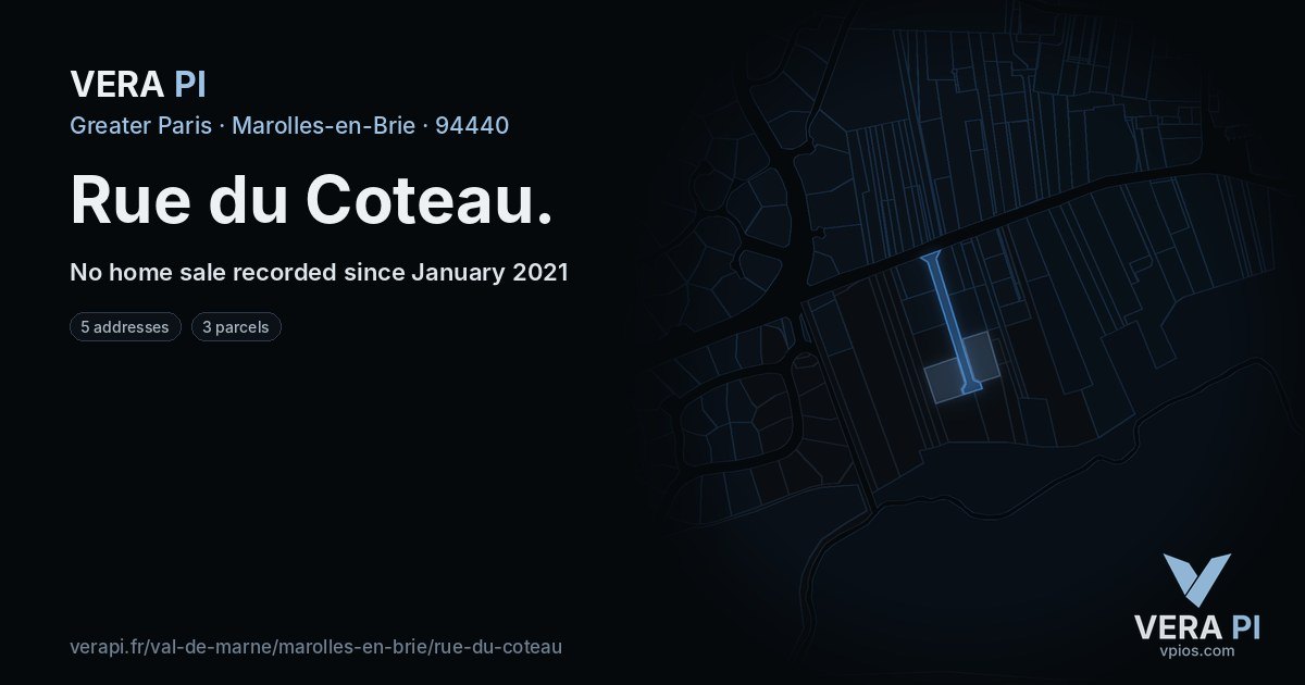 Rue du Coteau, Marolles-en-Brie at night – every parcel coloured by the prices around it, the street's own parcels lit
