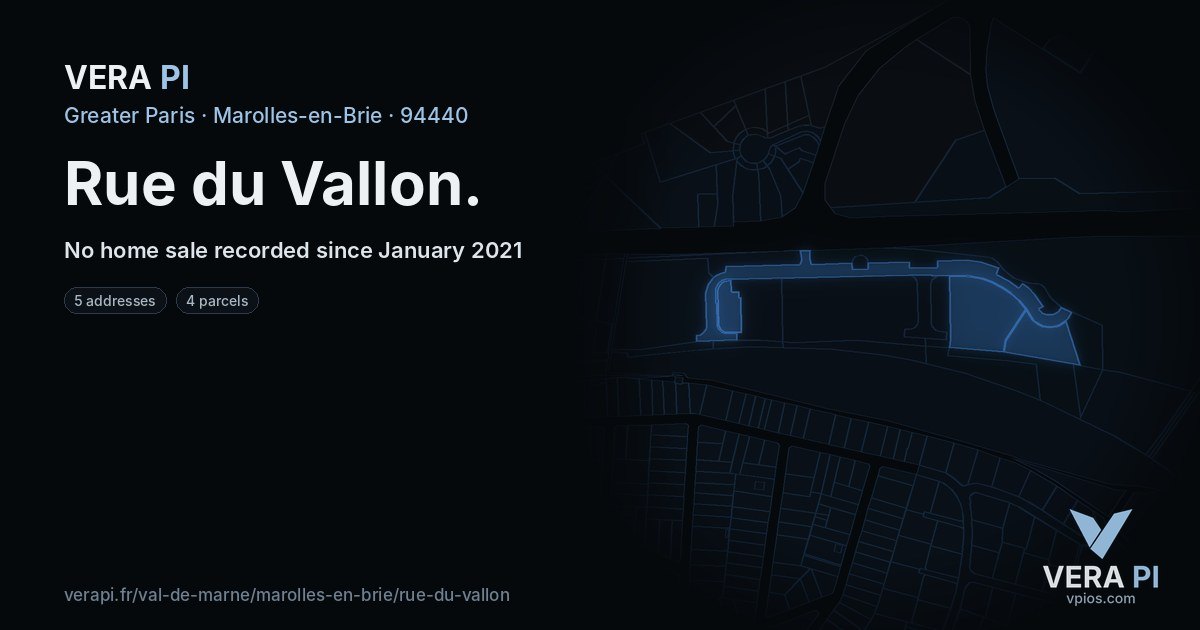 Rue du Vallon, Marolles-en-Brie at night – every parcel coloured by the prices around it, the street's own parcels lit