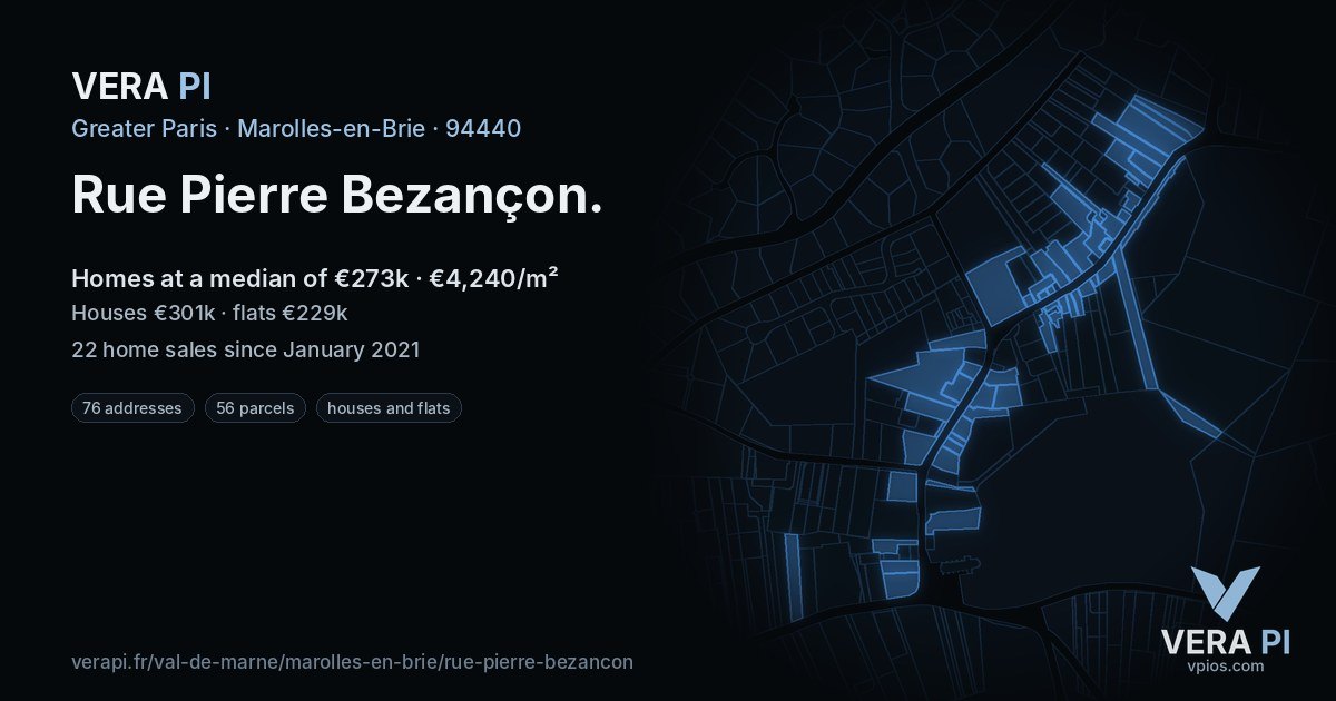 Rue Pierre Bezançon, Marolles-en-Brie at night – every parcel coloured by the prices around it, the street's own parcels lit