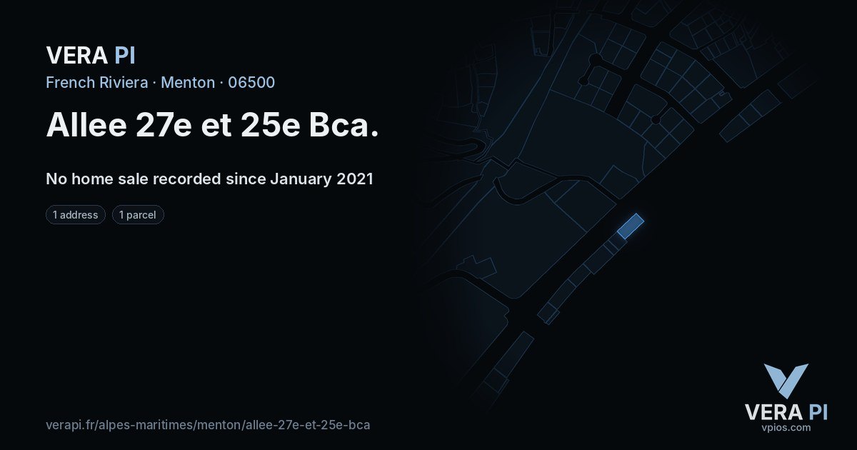 Allee 27e et 25e Bca, Menton at night – every parcel coloured by the prices around it, the street's own parcels lit