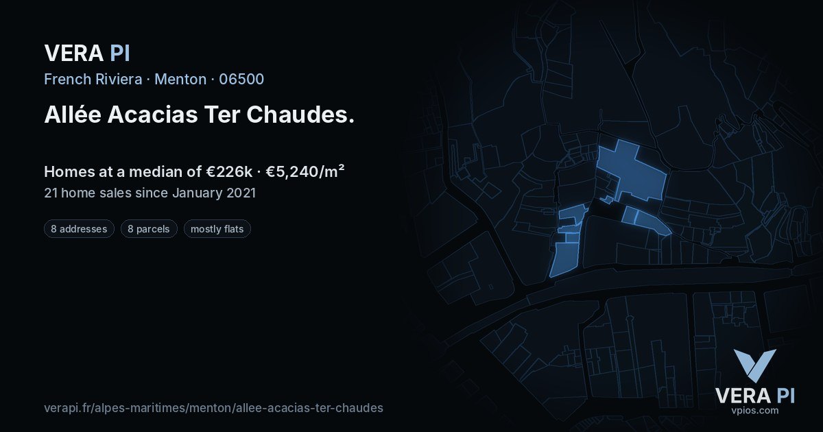 Allée Acacias Ter Chaudes, Menton at night – every parcel coloured by the prices around it, the street's own parcels lit