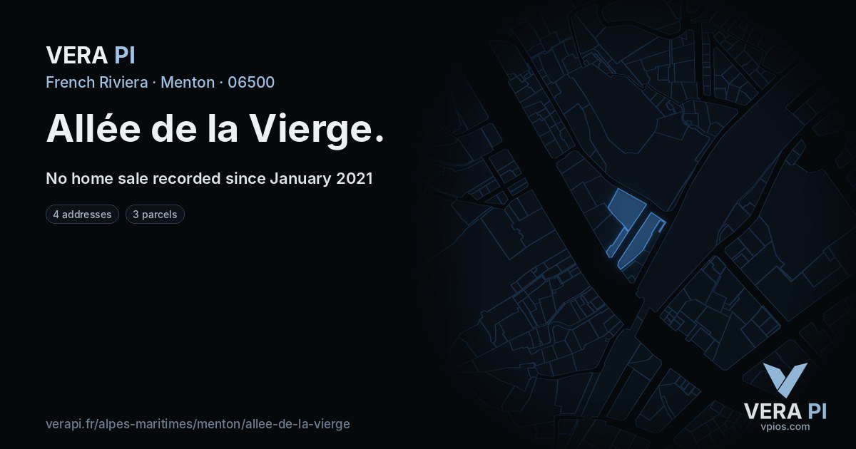 Allée de la Vierge, Menton at night – every parcel coloured by the prices around it, the street's own parcels lit
