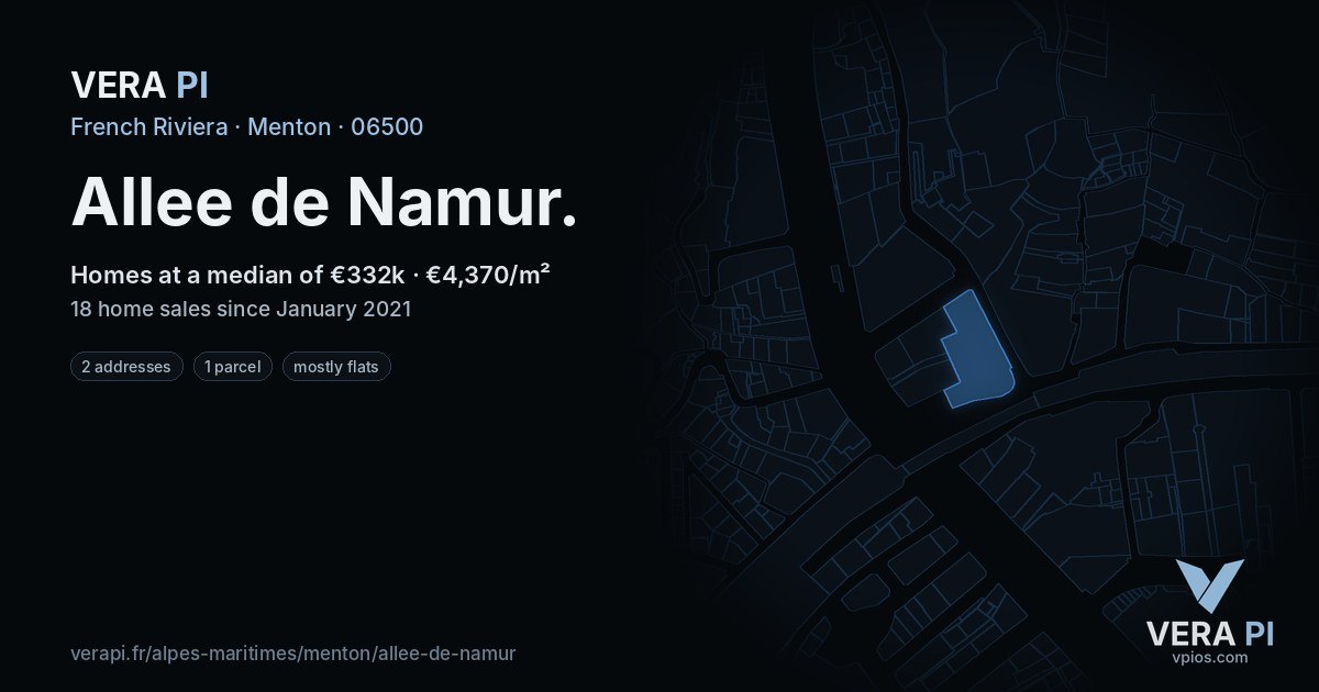 Allee de Namur, Menton at night – every parcel coloured by the prices around it, the street's own parcels lit