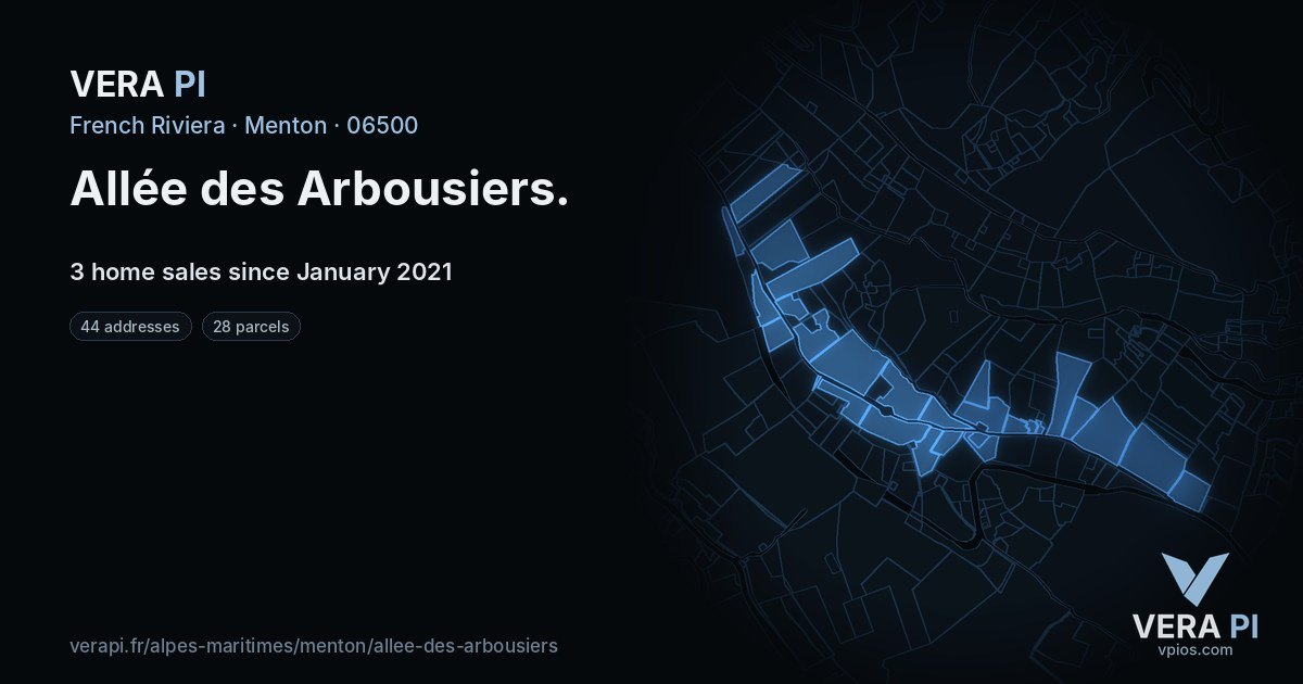 Allée des Arbousiers, Menton at night – every parcel coloured by the prices around it, the street's own parcels lit