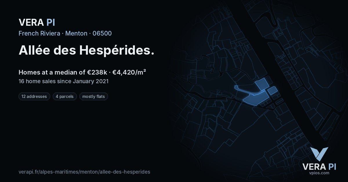 Allée des Hespérides, Menton at night – every parcel coloured by the prices around it, the street's own parcels lit