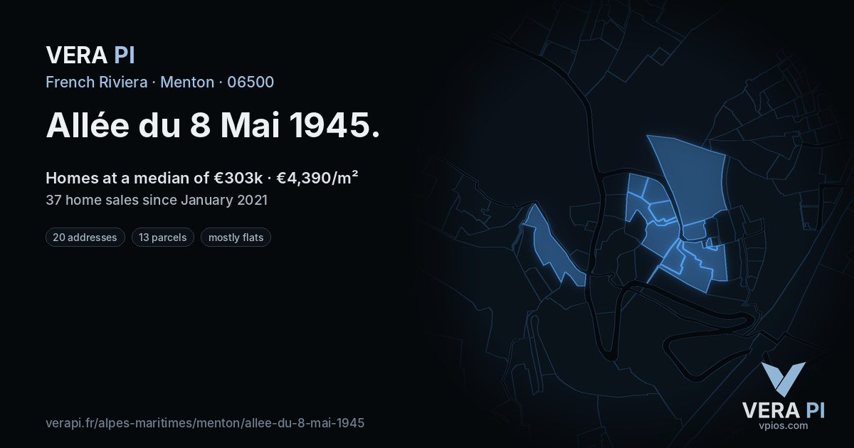 Allée du 8 Mai 1945, Menton at night – every parcel coloured by the prices around it, the street's own parcels lit