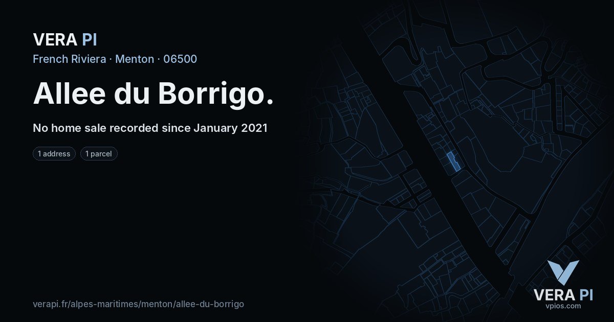 Allee du Borrigo, Menton at night – every parcel coloured by the prices around it, the street's own parcels lit