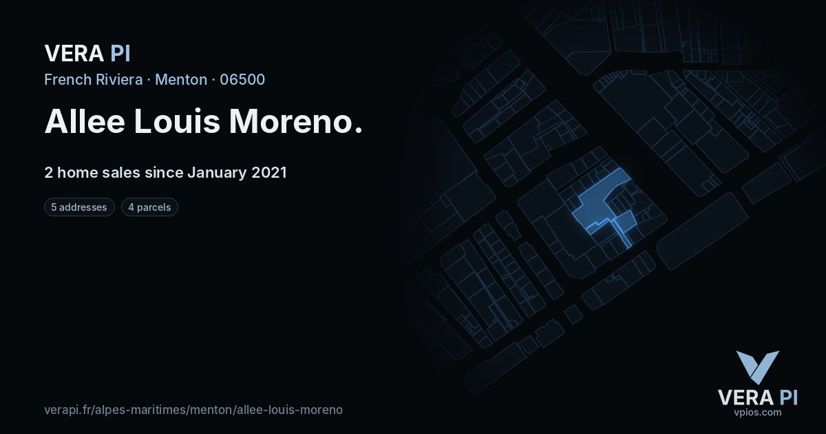 Allee Louis Moreno, Menton at night – every parcel coloured by the prices around it, the street's own parcels lit