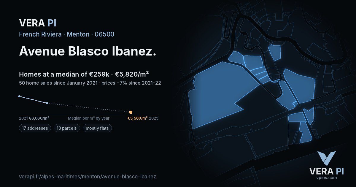 Avenue Blasco Ibanez, Menton at night – every parcel coloured by the prices around it, the street's own parcels lit