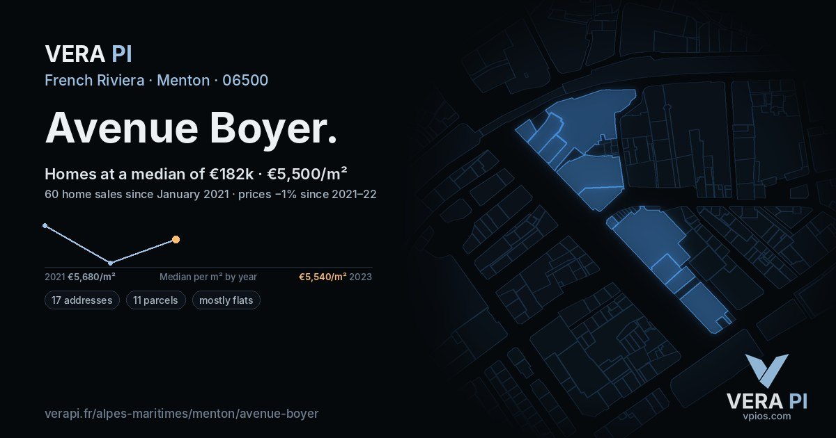 Avenue Boyer, Menton at night – every parcel coloured by the prices around it, the street's own parcels lit