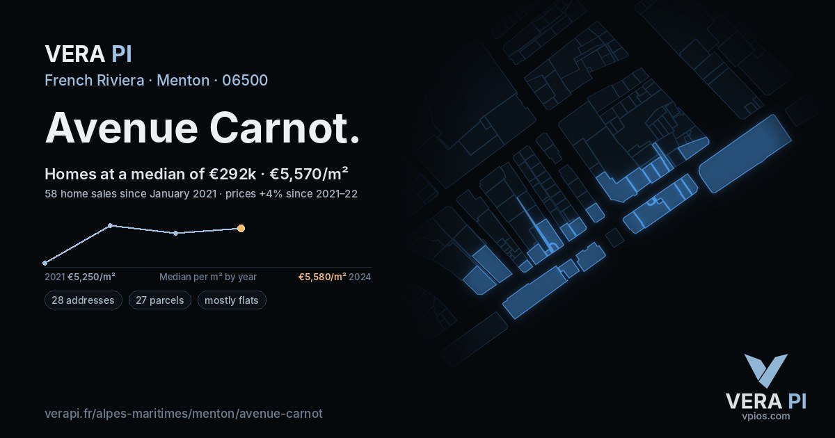 Avenue Carnot, Menton at night – every parcel coloured by the prices around it, the street's own parcels lit