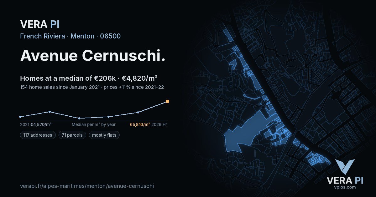 Avenue Cernuschi, Menton at night – every parcel coloured by the prices around it, the street's own parcels lit