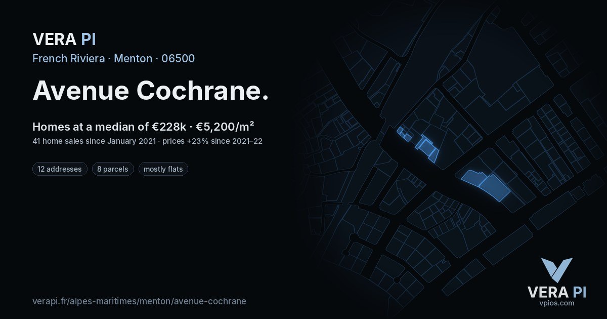 Avenue Cochrane, Menton at night – every parcel coloured by the prices around it, the street's own parcels lit