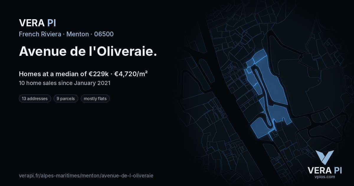Avenue de l'Oliveraie, Menton at night – every parcel coloured by the prices around it, the street's own parcels lit