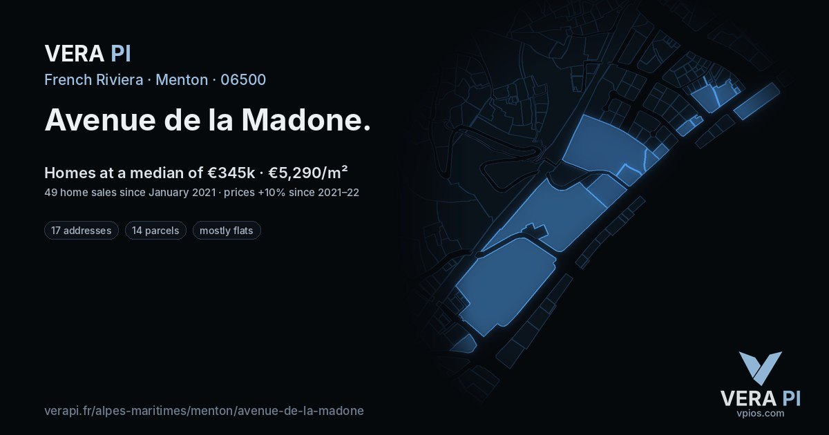 Avenue de la Madone, Menton at night – every parcel coloured by the prices around it, the street's own parcels lit