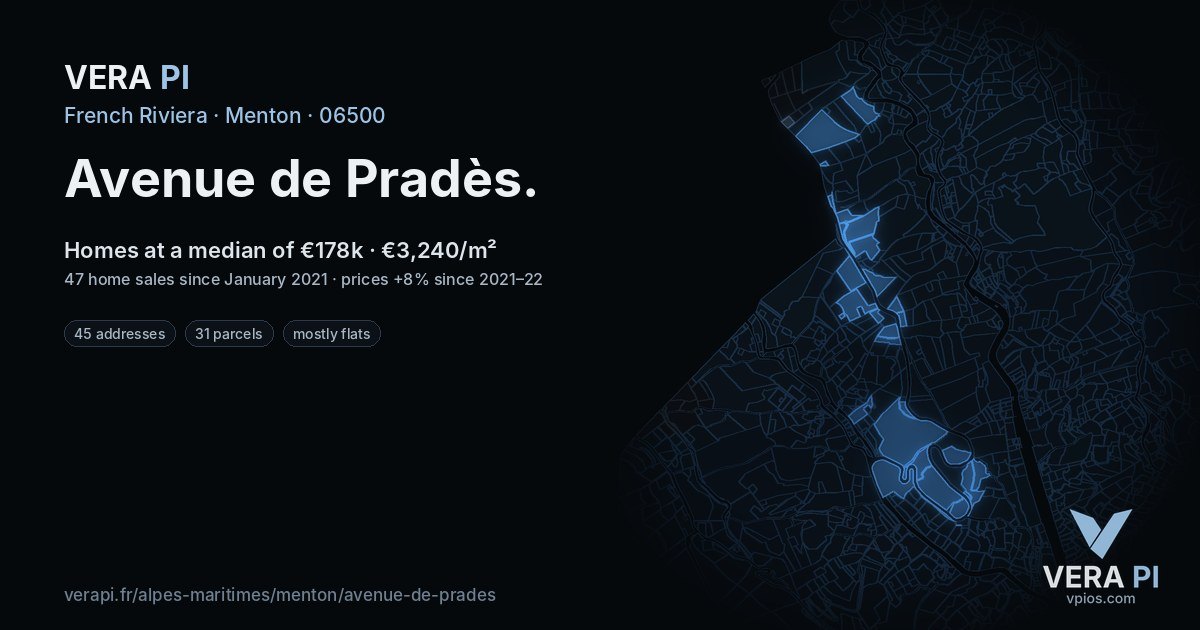 Avenue de Pradès, Menton at night – every parcel coloured by the prices around it, the street's own parcels lit