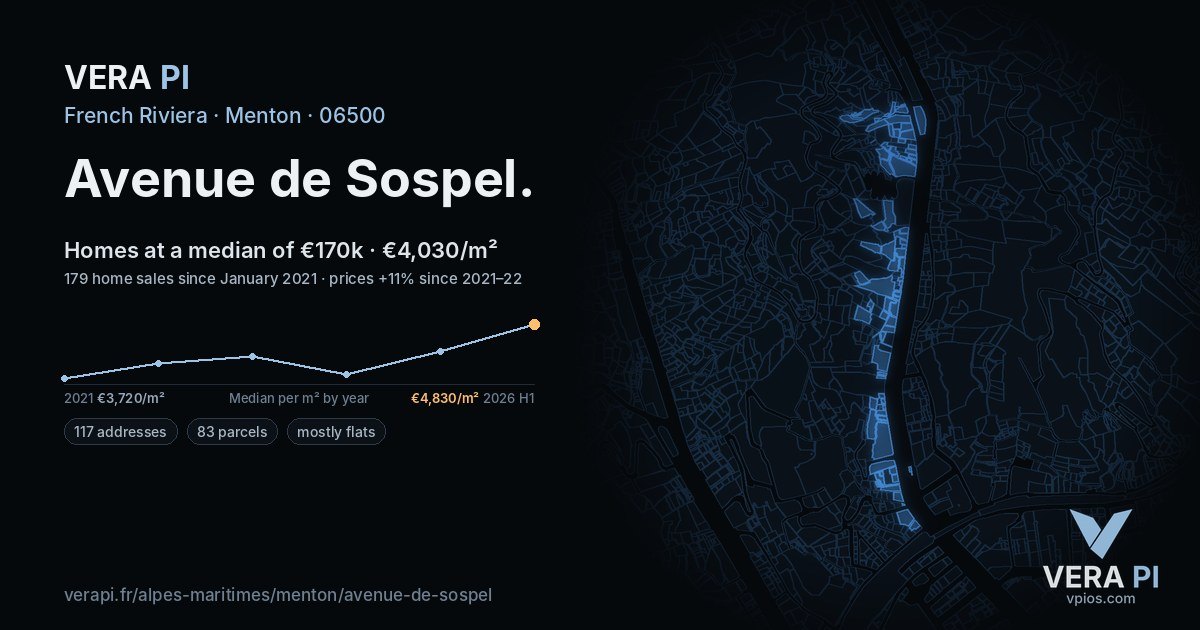 Avenue de Sospel, Menton at night – every parcel coloured by the prices around it, the street's own parcels lit