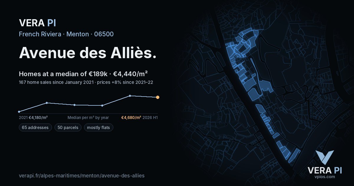 Avenue des Alliès, Menton at night – every parcel coloured by the prices around it, the street's own parcels lit
