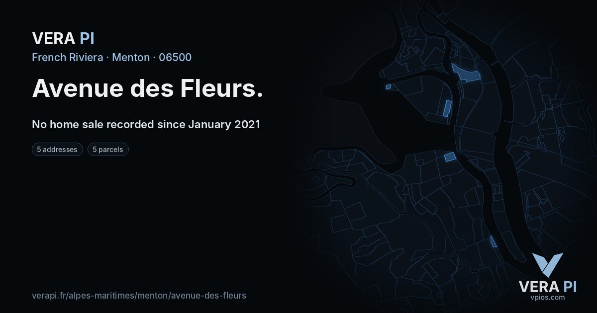 Avenue des Fleurs, Menton at night – every parcel coloured by the prices around it, the street's own parcels lit