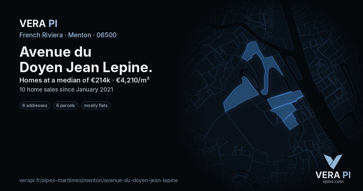 Avenue du Doyen Jean Lepine, Menton at night – every parcel coloured by the prices around it, the street's own parcels lit