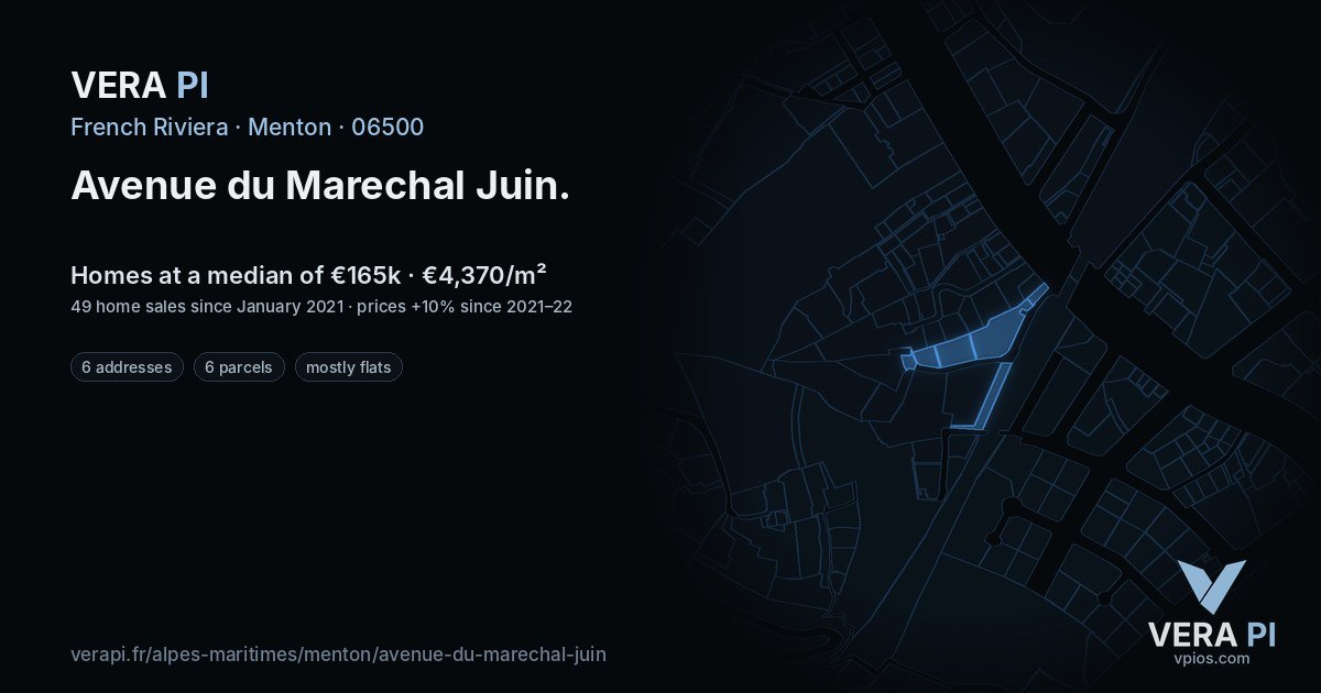 Avenue du Marechal Juin, Menton at night – every parcel coloured by the prices around it, the street's own parcels lit