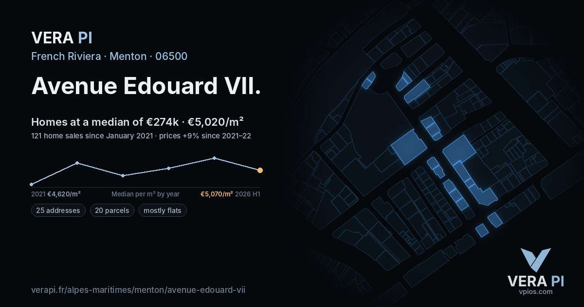 Avenue Edouard VII, Menton at night – every parcel coloured by the prices around it, the street's own parcels lit
