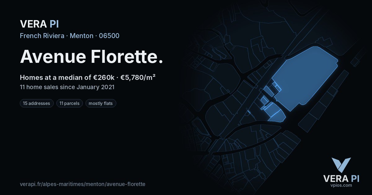 Avenue Florette, Menton at night – every parcel coloured by the prices around it, the street's own parcels lit