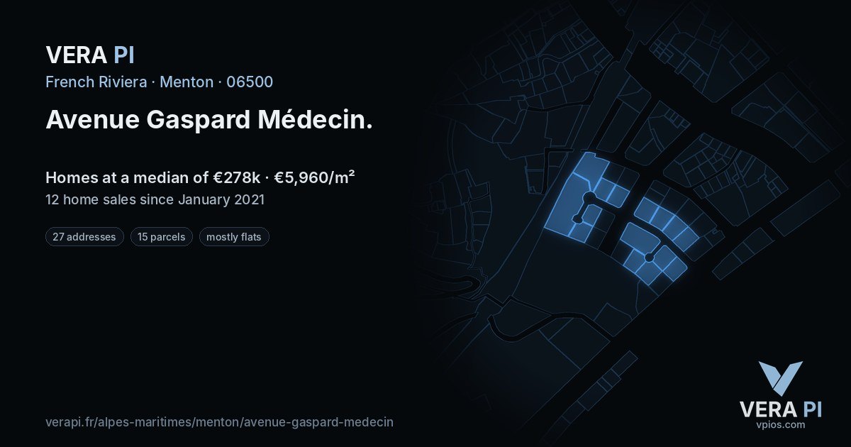 Avenue Gaspard Médecin, Menton at night – every parcel coloured by the prices around it, the street's own parcels lit