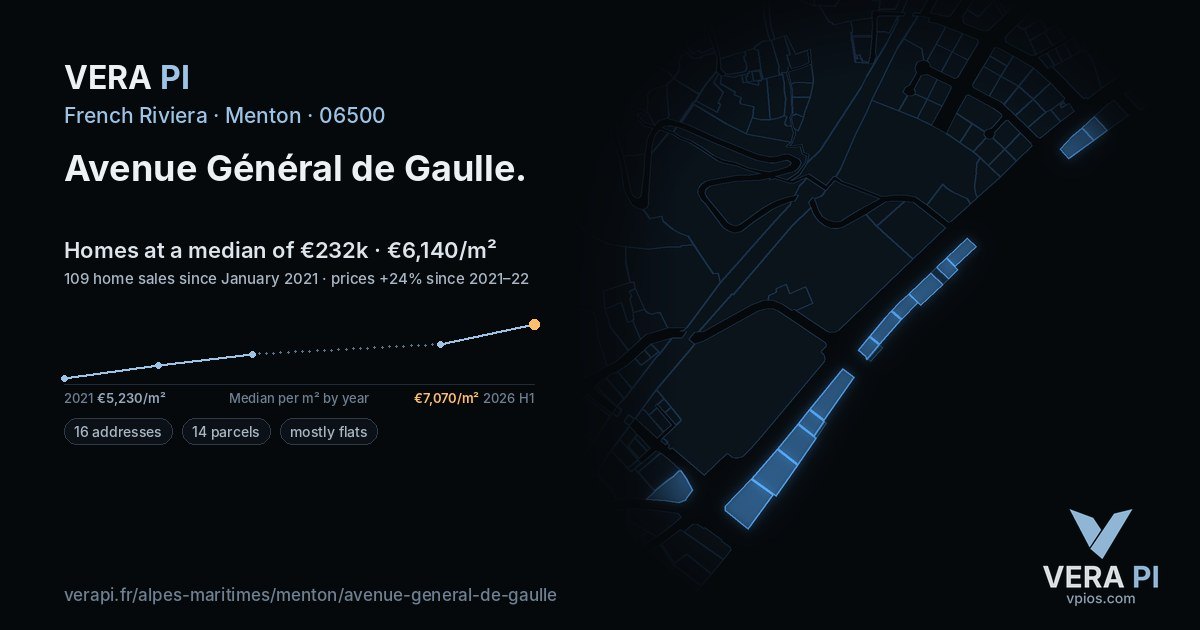 Avenue Général de Gaulle, Menton at night – every parcel coloured by the prices around it, the street's own parcels lit