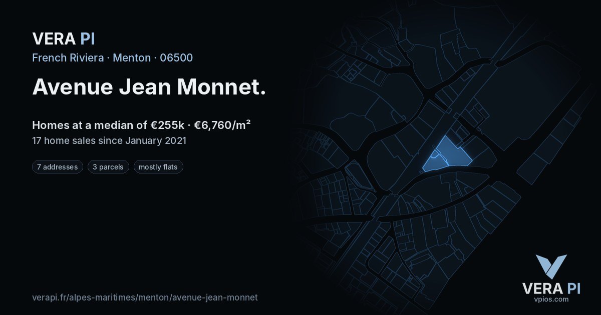 Avenue Jean Monnet, Menton at night – every parcel coloured by the prices around it, the street's own parcels lit