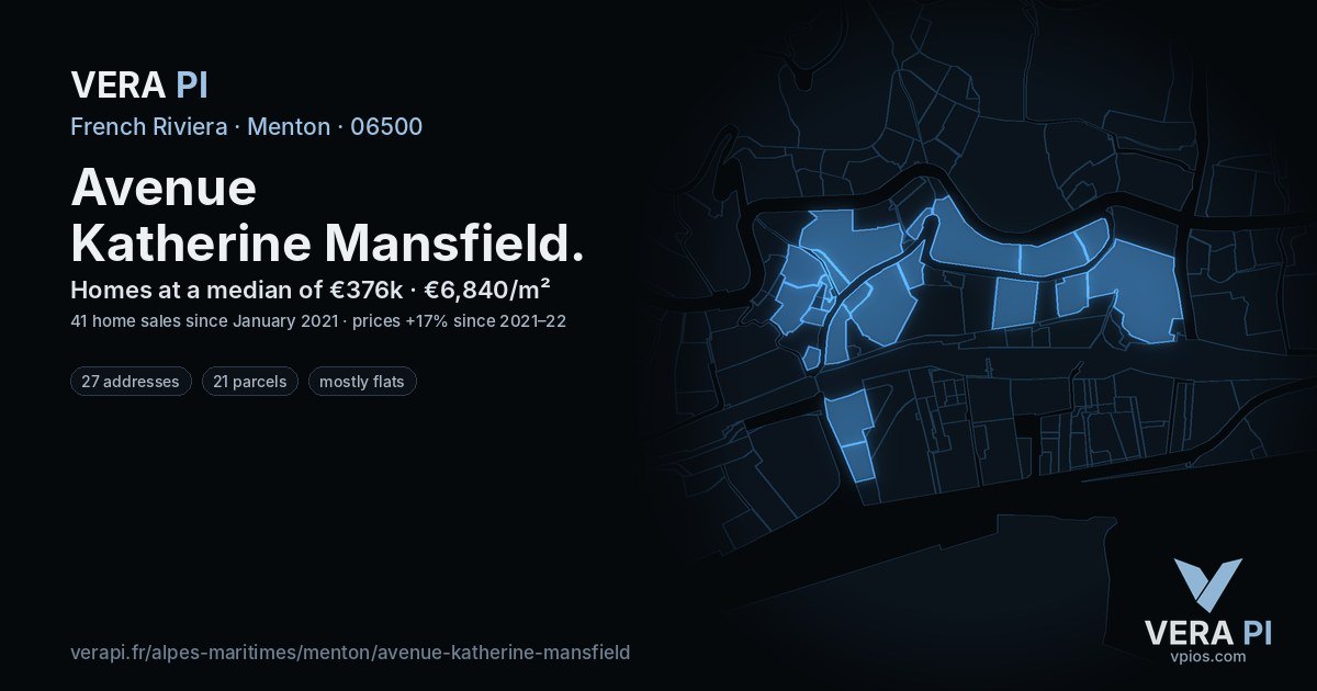 Avenue Katherine Mansfield, Menton at night – every parcel coloured by the prices around it, the street's own parcels lit